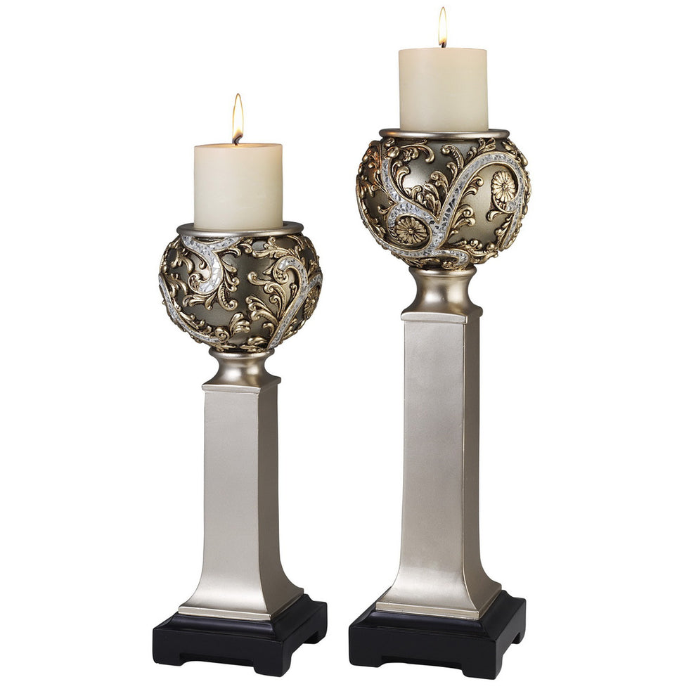 Set of Two Silver Polyresin Filigree Tabletop Pillar Candle Holders With Candle By Homeroots | Candle Holders | Modishstore - 2