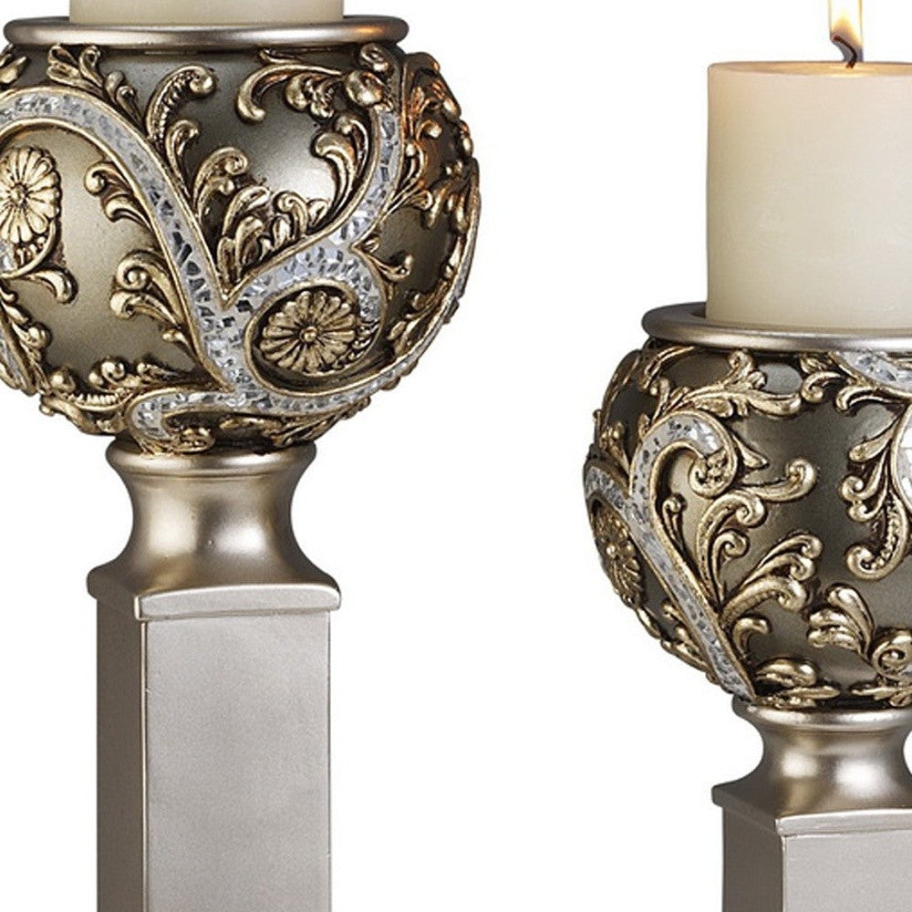 Set of Two Silver Polyresin Filigree Tabletop Pillar Candle Holders With Candle By Homeroots | Candle Holders | Modishstore - 4