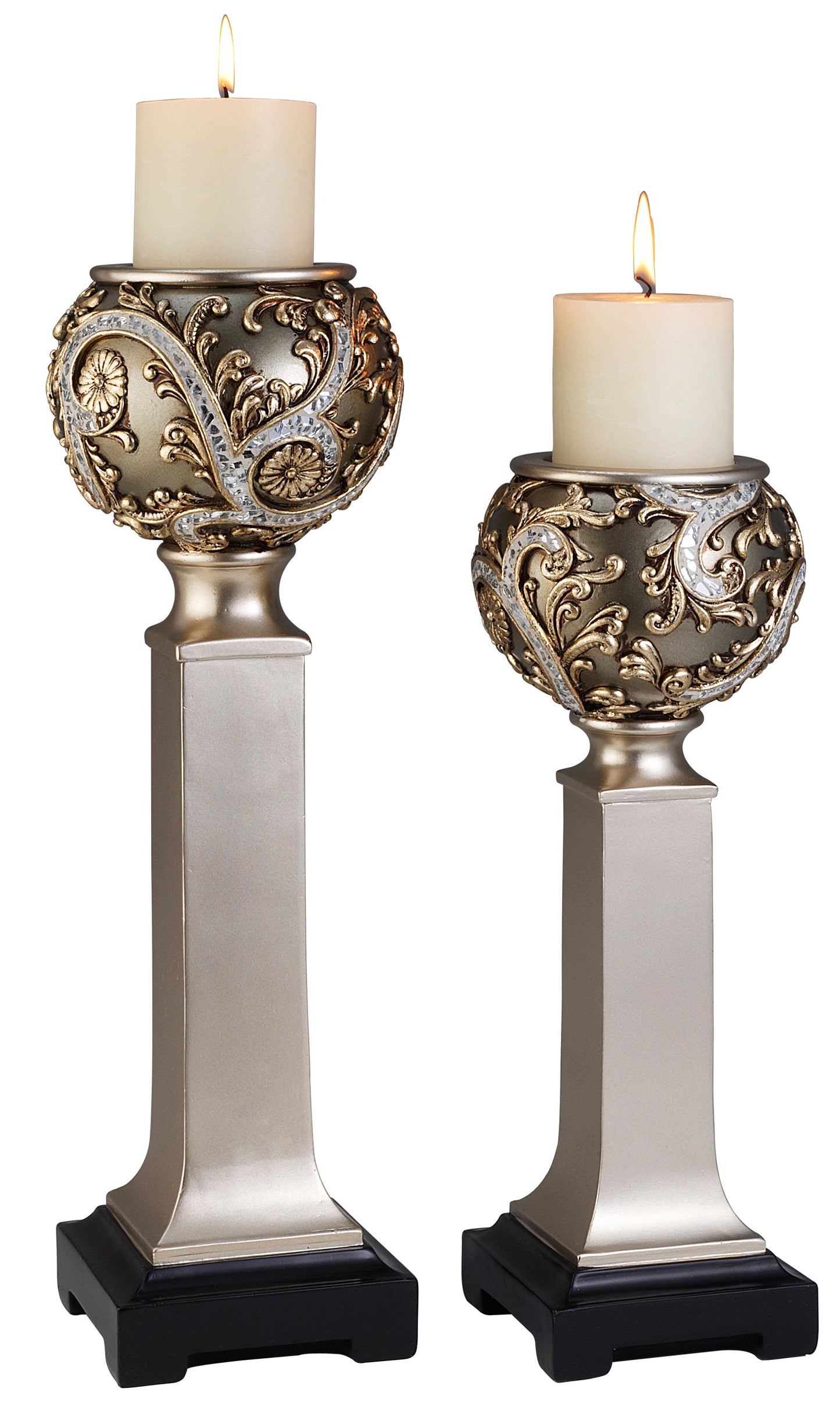 Set of Two Silver Polyresin Filigree Tabletop Pillar Candle Holders With Candle By Homeroots | Candle Holders | Modishstore - 3
