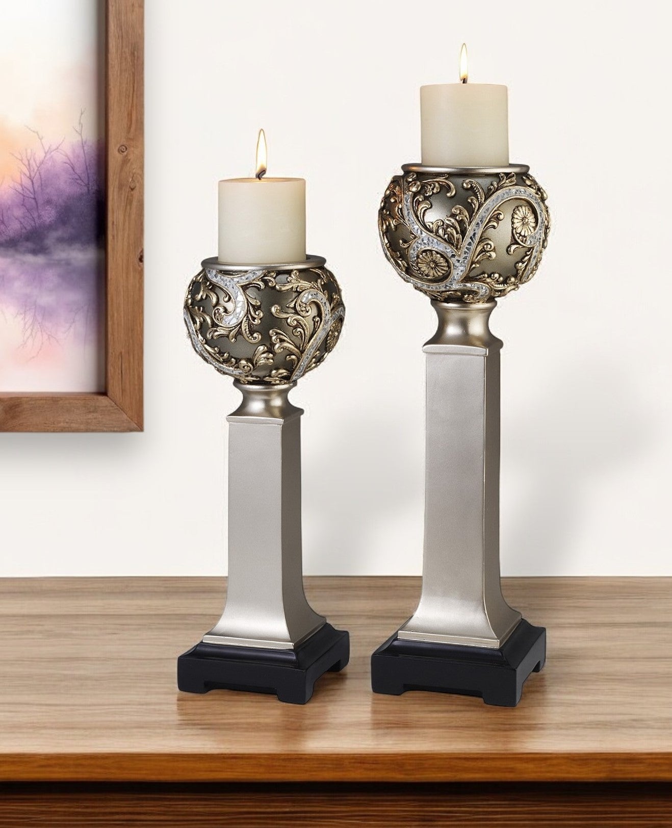 Set of Two Silver Polyresin Filigree Tabletop Pillar Candle Holders With Candle By Homeroots | Candle Holders | Modishstore - 1