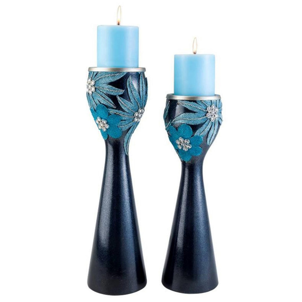 Set Of Two Navy and Aqua Floral Bling Candle Holders with Candles By Homeroots | Candle Holders | Modishstore - 2
