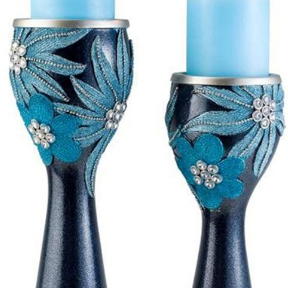 Set Of Two Navy and Aqua Floral Bling Candle Holders with Candles By Homeroots | Candle Holders | Modishstore - 3