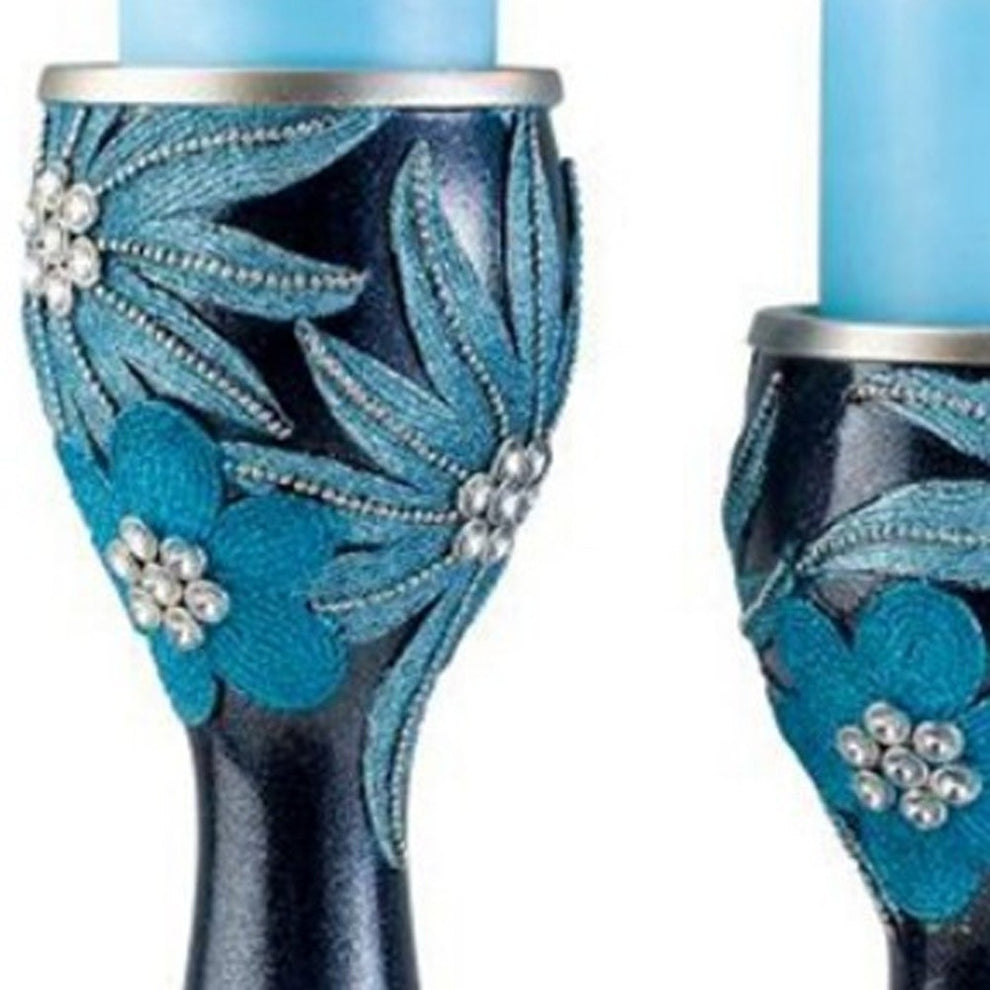 Set Of Two Navy and Aqua Floral Bling Candle Holders with Candles By Homeroots | Candle Holders | Modishstore - 4