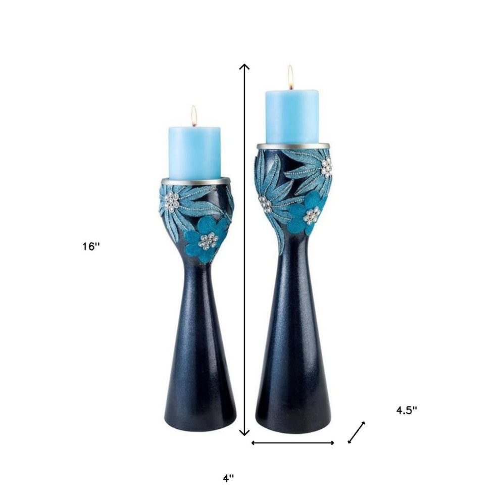 Set Of Two Navy and Aqua Floral Bling Candle Holders with Candles By Homeroots | Candle Holders | Modishstore - 5