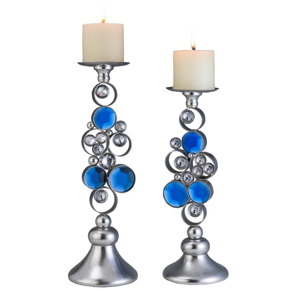 Set Of Two Silver and Blue Bling Tabletop Pillar Candle Holders By Homeroots | Candle Holders | Modishstore - 2