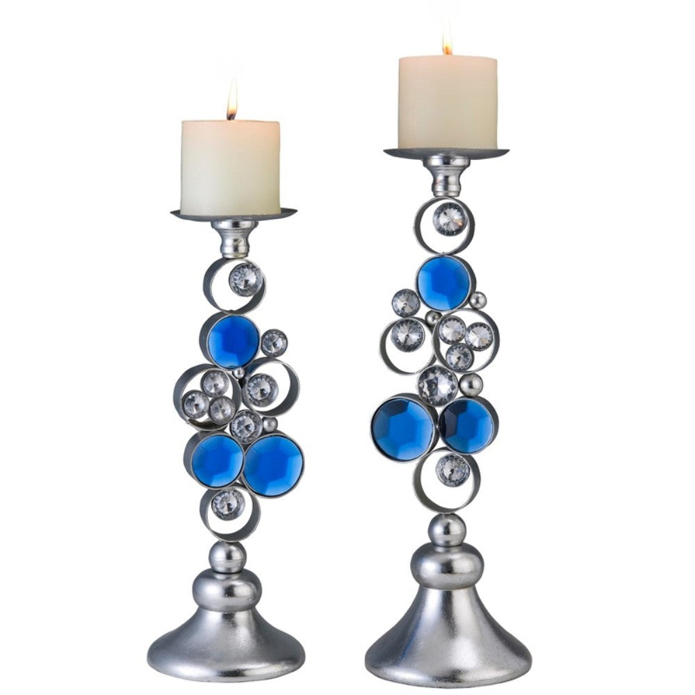 Set Of Two Silver and Blue Bling Tabletop Pillar Candle Holders By Homeroots | Candle Holders | Modishstore - 3