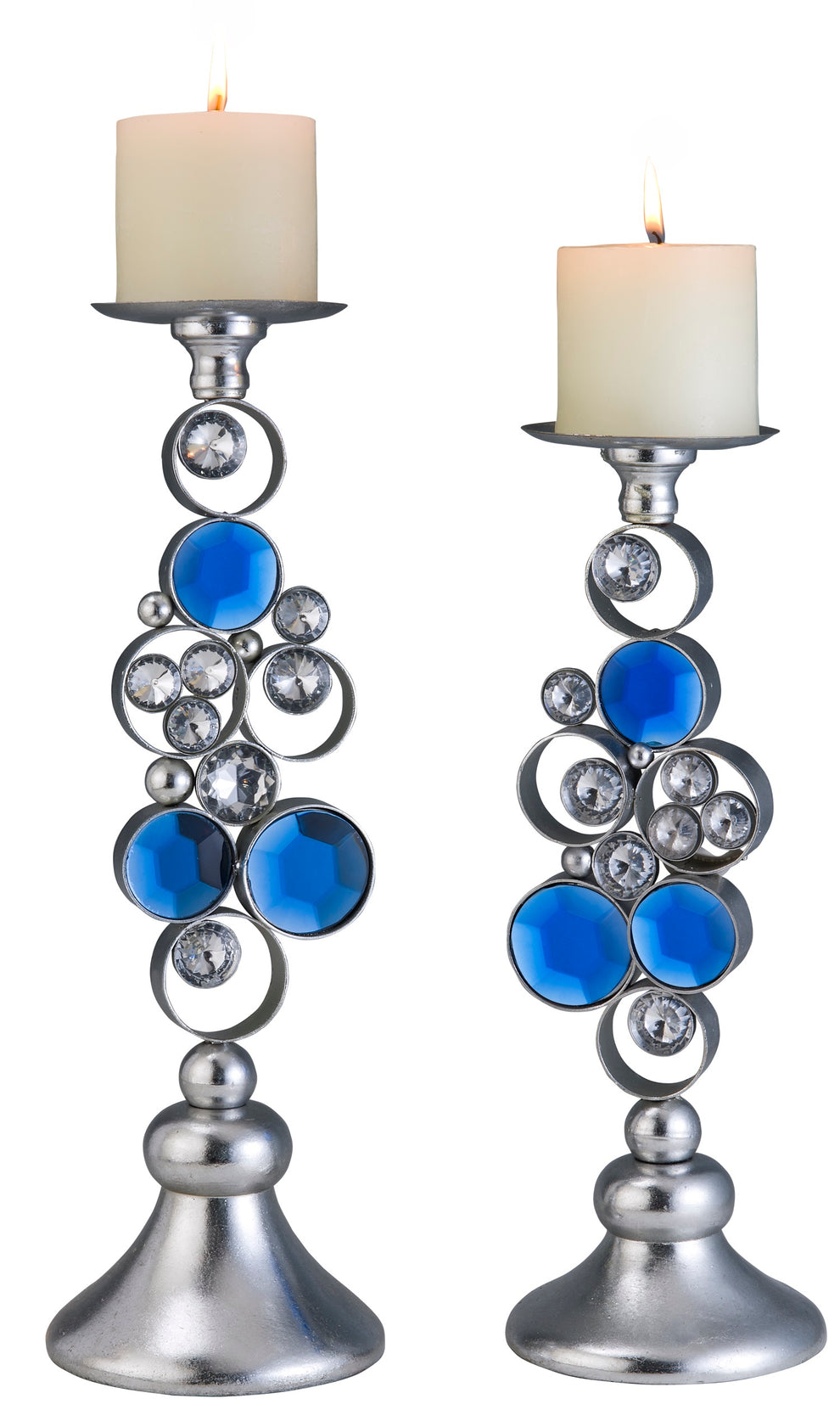 Set Of Two Silver and Blue Bling Tabletop Pillar Candle Holders By Homeroots | Candle Holders | Modishstore - 4