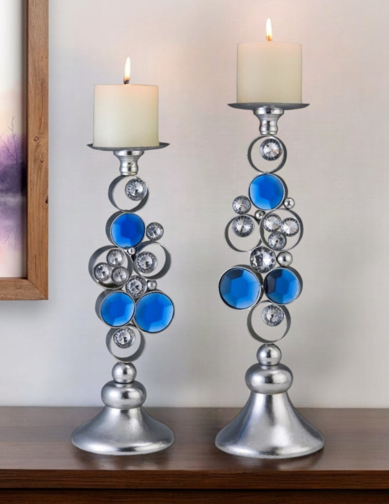 Set Of Two Silver and Blue Bling Tabletop Pillar Candle Holders By Homeroots | Candle Holders | Modishstore - 1