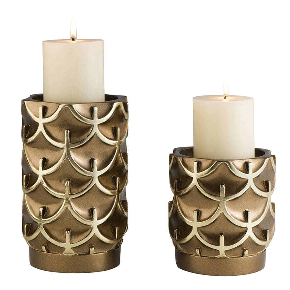 Set Of Two Antiqued Brass Tabletop Pillar Candle Holders By Homeroots | Candle Holders | Modishstore - 2