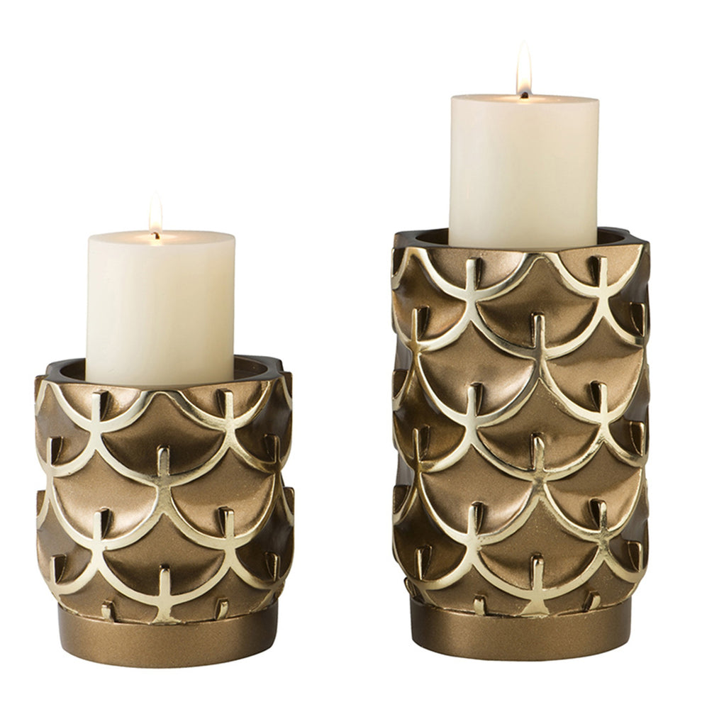 Set Of Two Antiqued Brass Tabletop Pillar Candle Holders By Homeroots | Candle Holders | Modishstore - 3