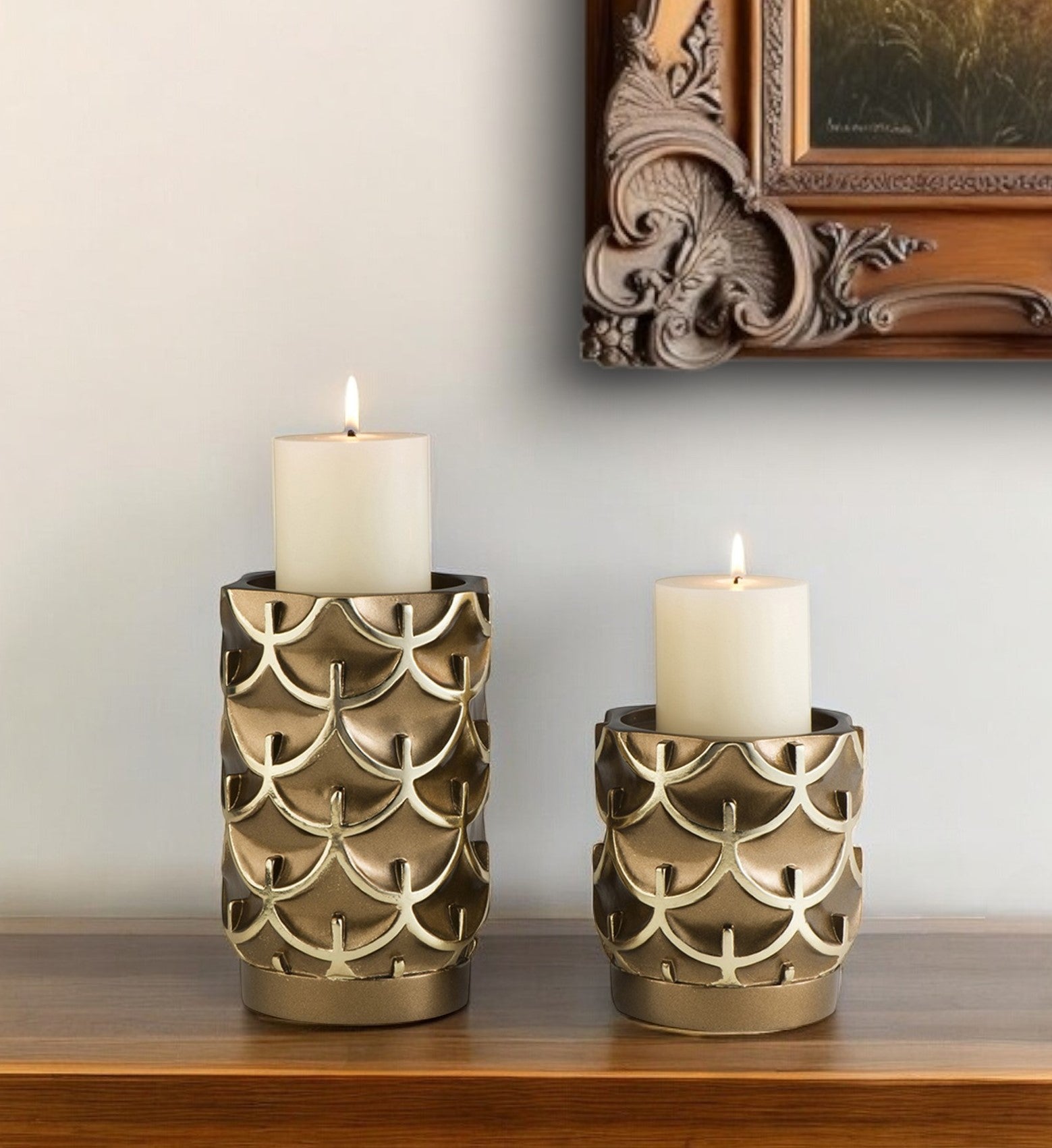Set Of Two Antiqued Brass Tabletop Pillar Candle Holders By Homeroots | Candle Holders | Modishstore - 1