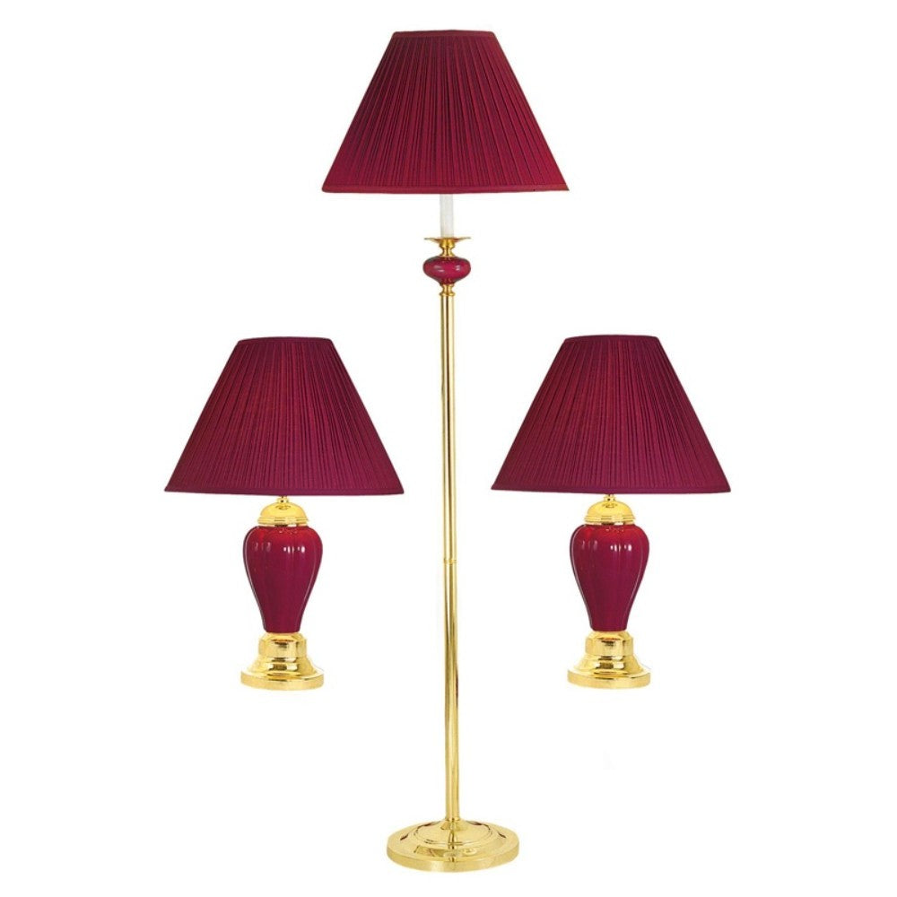 Set Of Three Gold Ceramic Bedside Floor and Table Lamp Set With Red Empire Shade By Homeroots | Table Lamps | Modishstore - 3