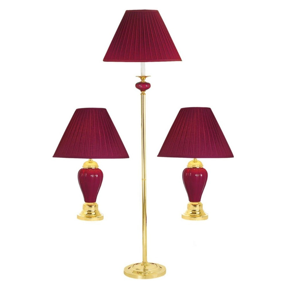 Set Of Three Gold Ceramic Bedside Floor and Table Lamp Set With Red Empire Shade By Homeroots | Table Lamps | Modishstore - 3