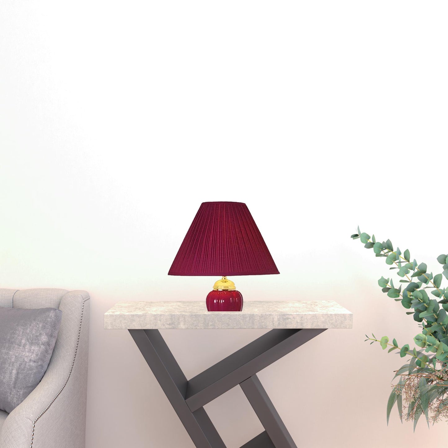 Set Of Three Gold Ceramic Bedside Floor and Table Lamp Set With Red Empire Shade By Homeroots | Table Lamps | Modishstore - 2