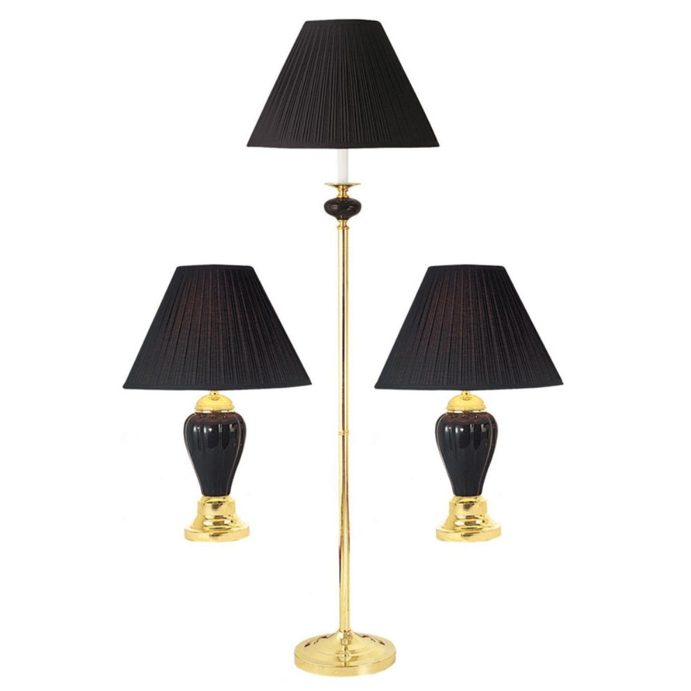 Set Of Three Gold Ceramic Bedside Floor and Table Lamp Set With Black Empire Shade By Homeroots | Table Lamps | Modishstore - 3