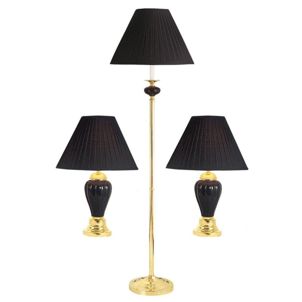 Set Of Three Gold Ceramic Bedside Floor and Table Lamp Set With Black Empire Shade By Homeroots | Table Lamps | Modishstore - 4