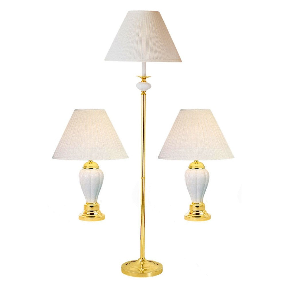 Set Of Three Gold and White Ceramic Bedside Floor and Table Lamp Set With Off White Empire Shade By Homeroots | Table Lamps | Modishstore - 1
