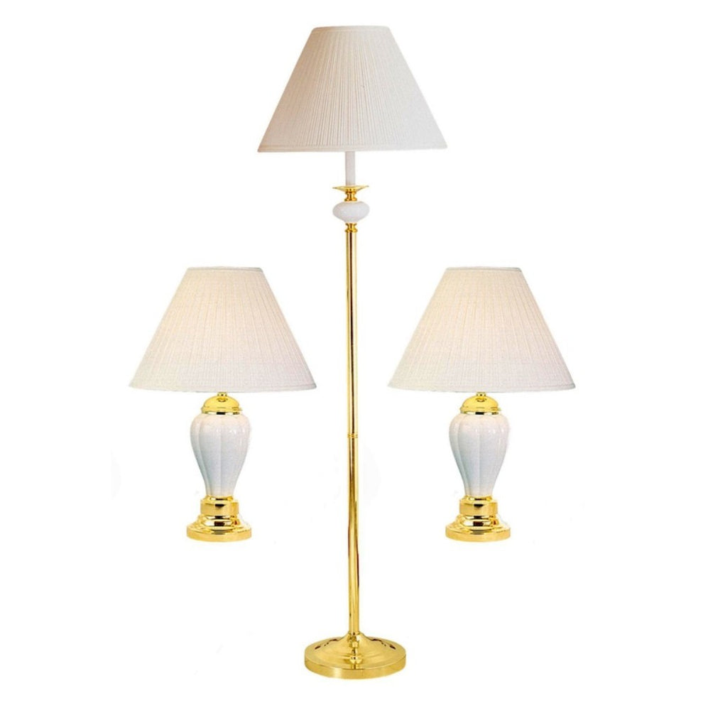 Set Of Three Gold and White Ceramic Bedside Floor and Table Lamp Set With Off White Empire Shade By Homeroots | Table Lamps | Modishstore - 2