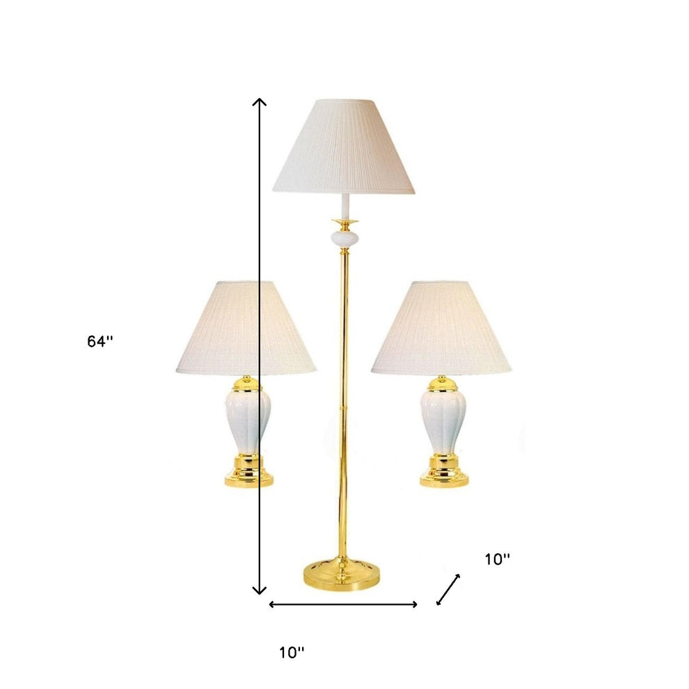 Set Of Three Gold and White Ceramic Bedside Floor and Table Lamp Set With Off White Empire Shade By Homeroots | Table Lamps | Modishstore - 6