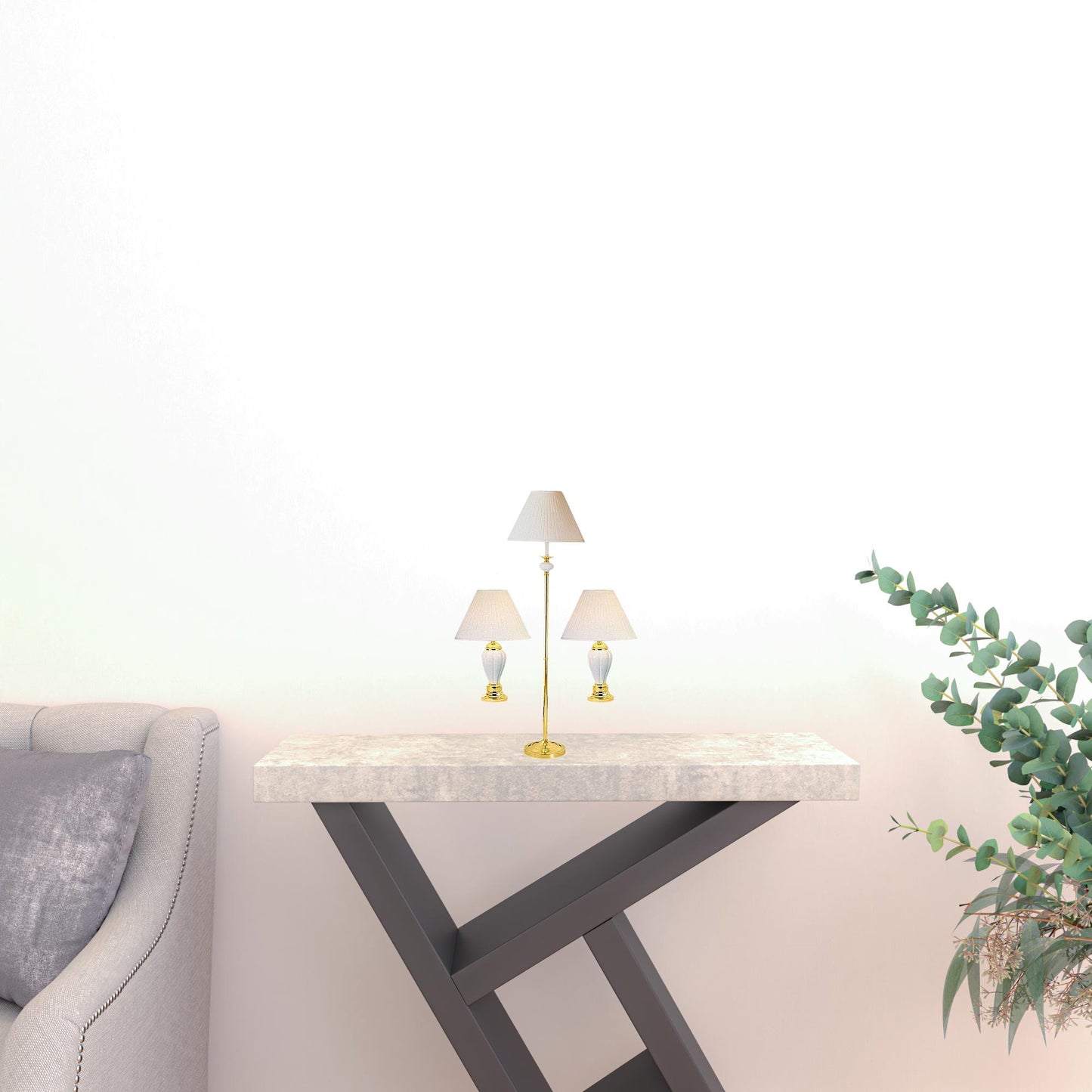 Set Of Three Gold and White Ceramic Bedside Floor and Table Lamp Set With Off White Empire Shade By Homeroots | Table Lamps | Modishstore - 3