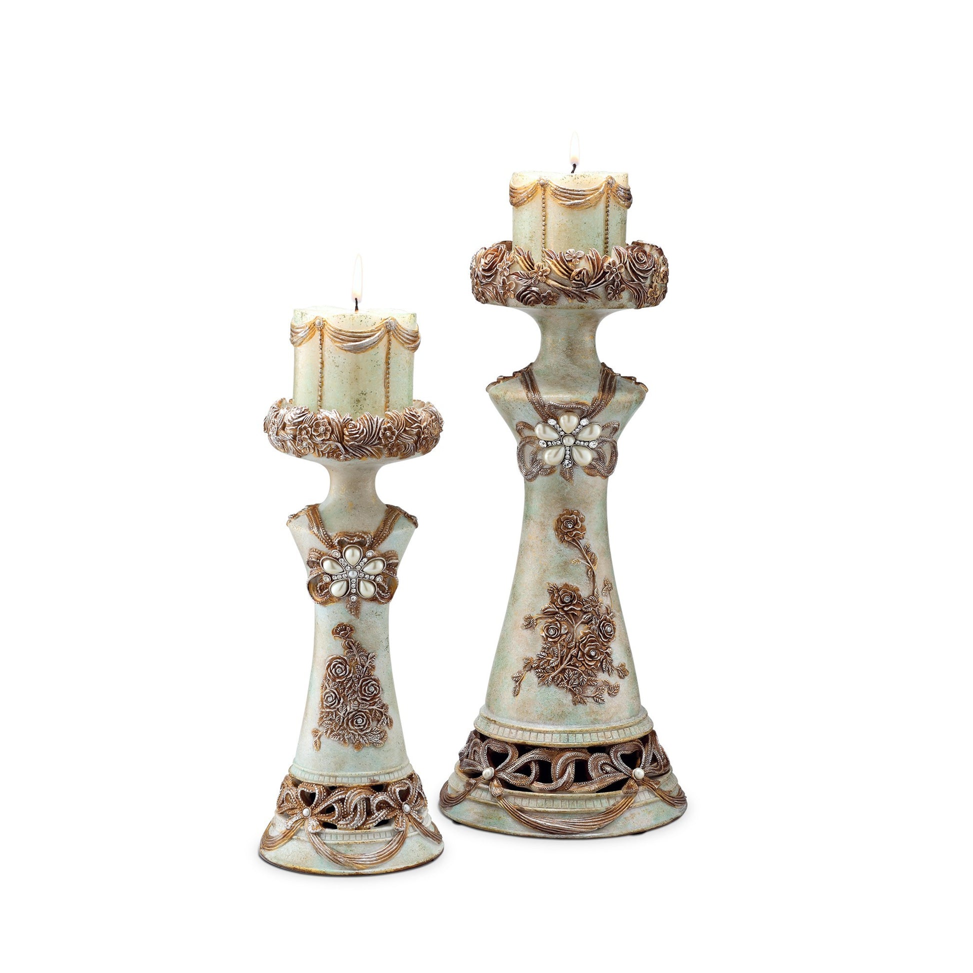 Set of 2 Beige And Brown Vintage Pillar Tabletop Candle Holders By Homeroots | Candle Holders | Modishstore - 1