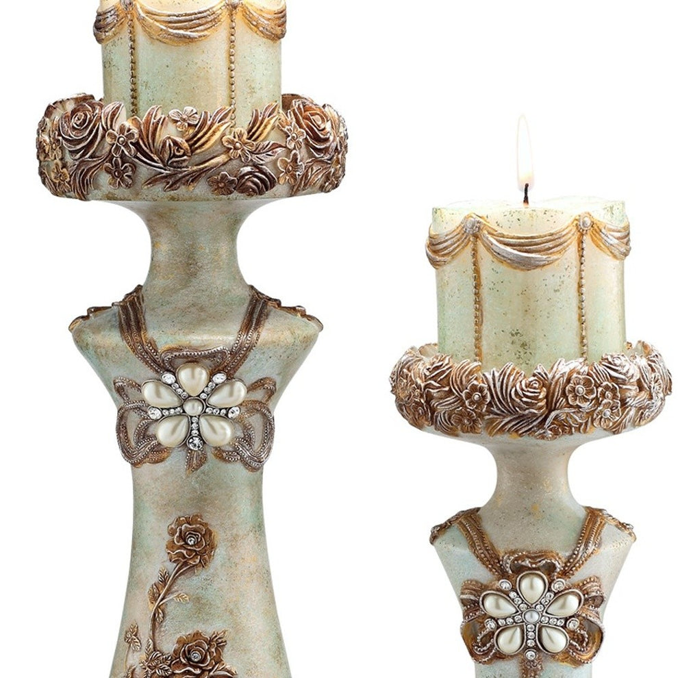 Set of 2 Beige And Brown Vintage Pillar Tabletop Candle Holders By Homeroots | Candle Holders | Modishstore - 4
