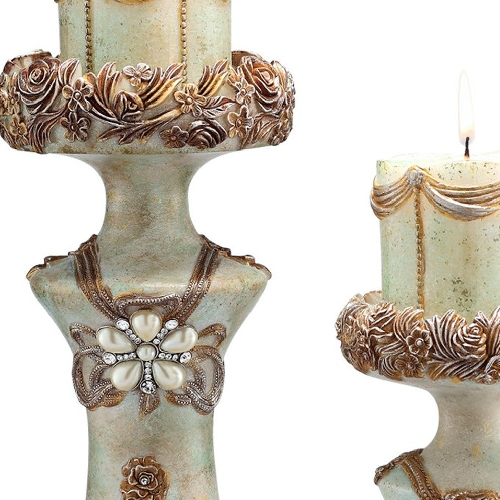 Set of 2 Beige And Brown Vintage Pillar Tabletop Candle Holders By Homeroots | Candle Holders | Modishstore - 5