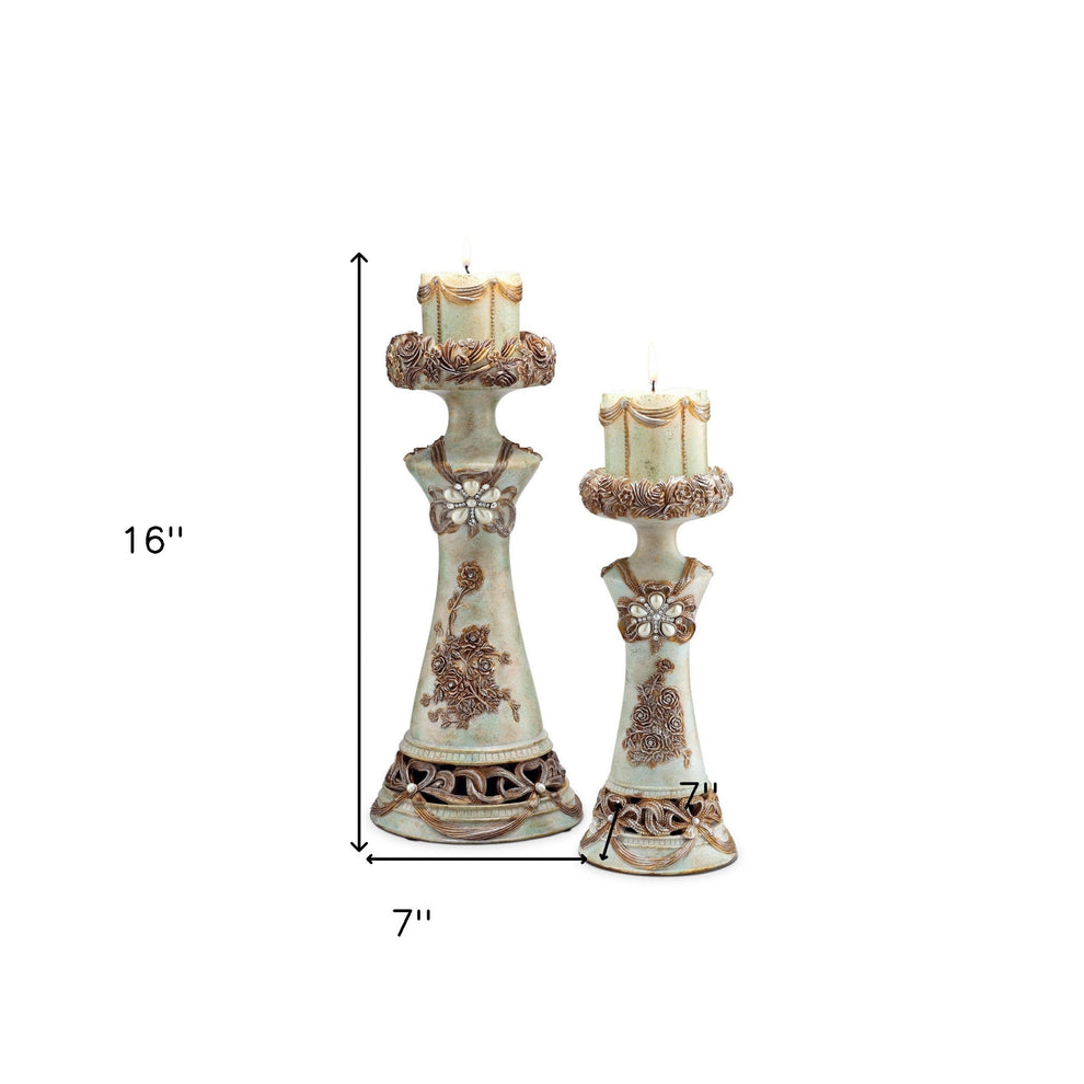 Set of 2 Beige And Brown Vintage Pillar Tabletop Candle Holders By Homeroots | Candle Holders | Modishstore - 6
