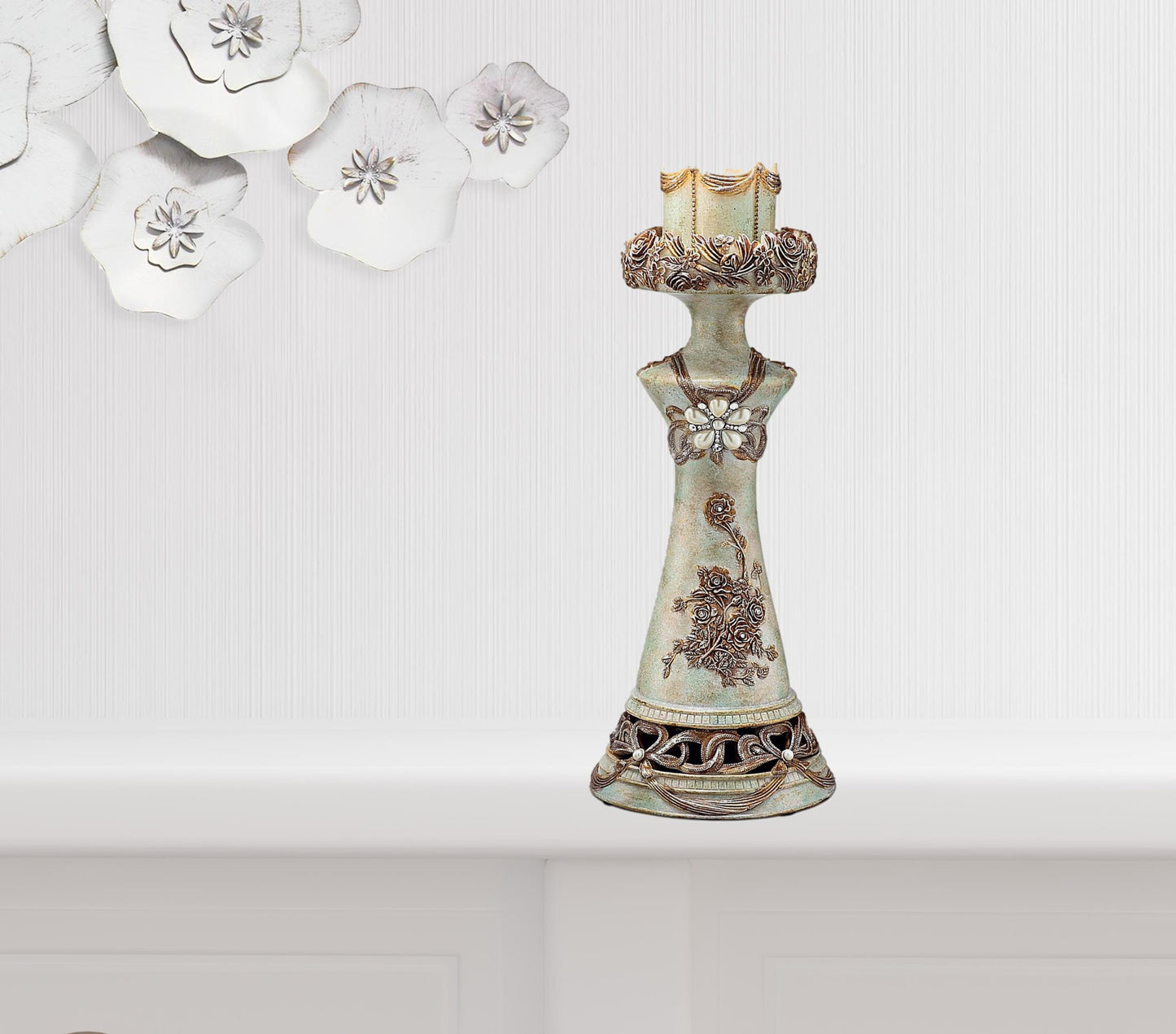 Set of 2 Beige And Brown Vintage Pillar Tabletop Candle Holders By Homeroots | Candle Holders | Modishstore - 3