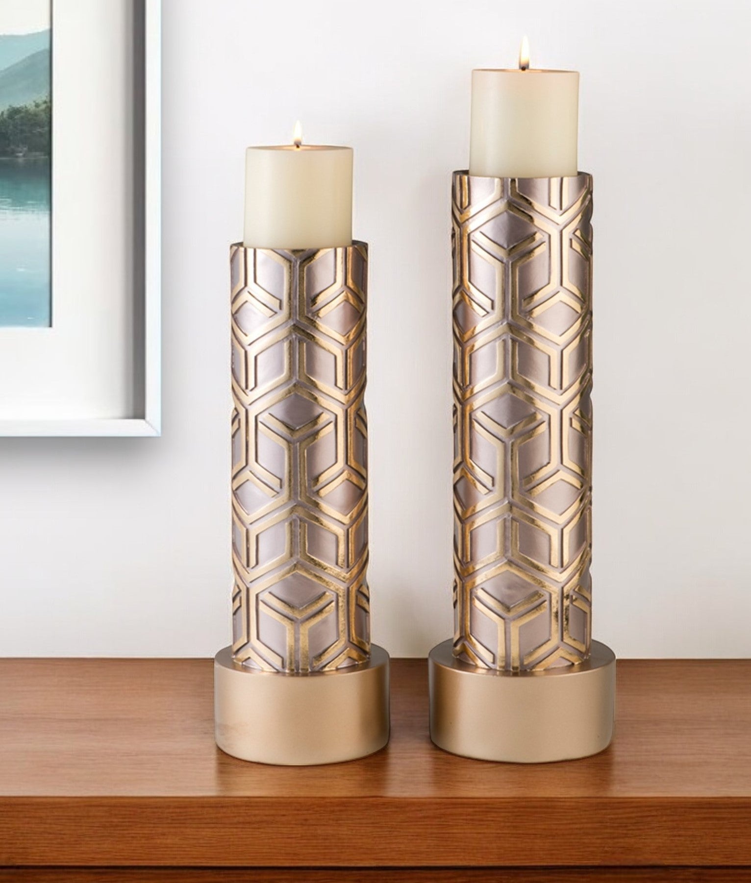 Set Of Two Gold Tabletop Pillar Candle Holders By Homeroots | Candle Holders | Modishstore - 1