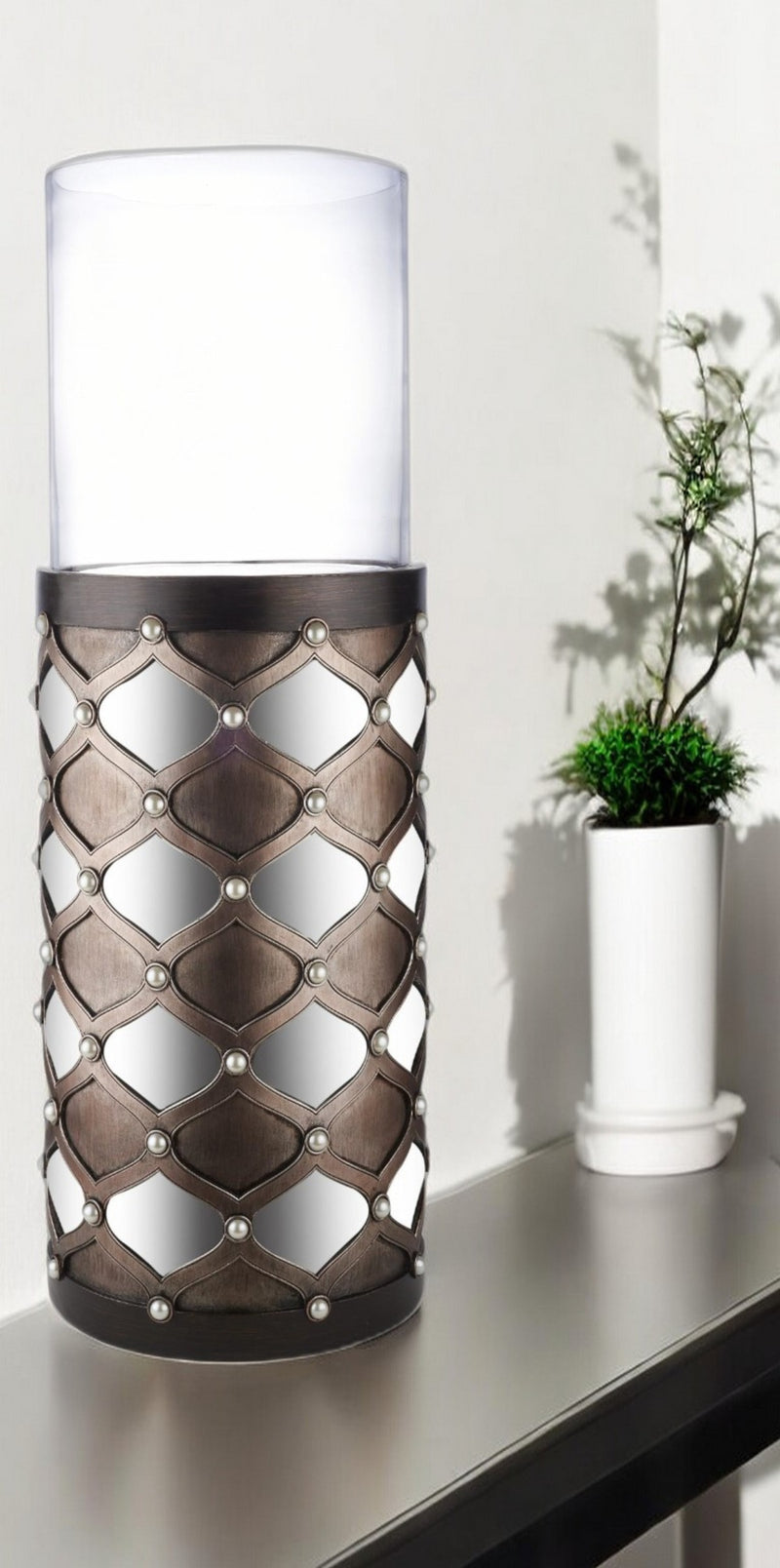 Bronze and Silver with Pearls Floor Hurricane Candle Holder By Homeroots | Candle Holders | Modishstore - 1