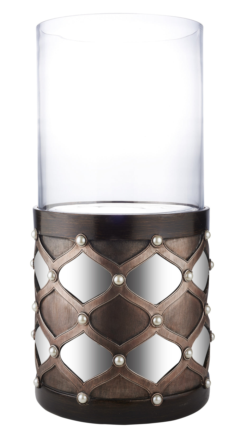Bronze and Silver with Pearls Tabletop Hurricane Candle Holder By Homeroots | Candle Holders | Modishstore - 3