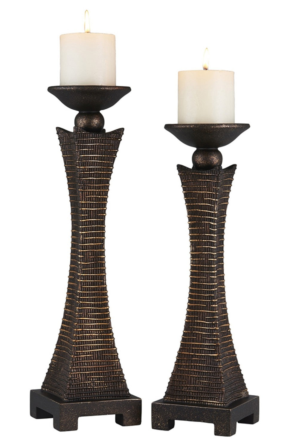 Set of Two Bronze Polyresin Woven Tabletop Pillar Candle Holders With Candle By Homeroots | Candle Holders | Modishstore - 2