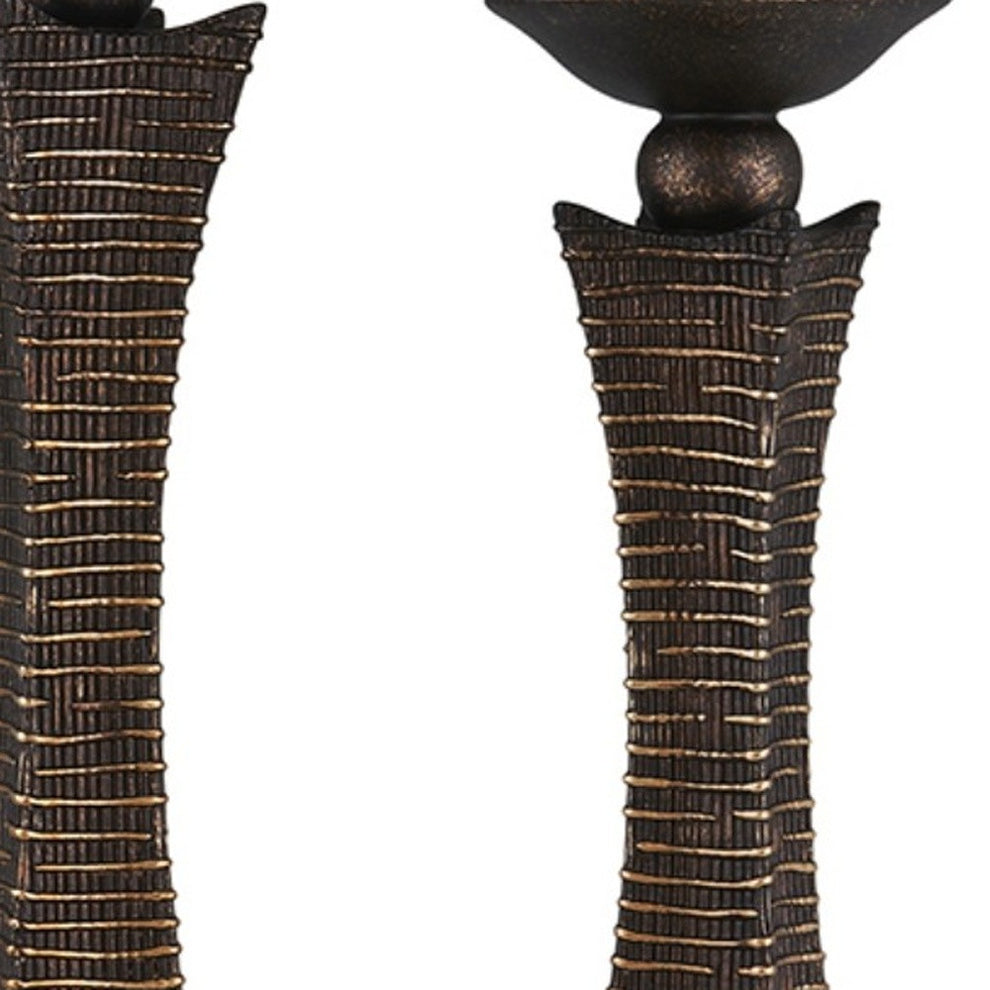 Set of Two Bronze Polyresin Woven Tabletop Pillar Candle Holders With Candle By Homeroots | Candle Holders | Modishstore - 3