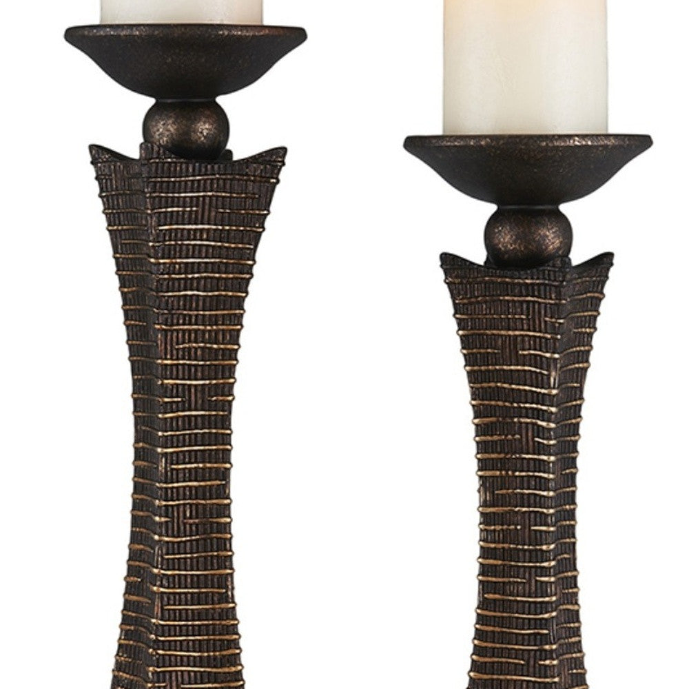Set of Two Bronze Polyresin Woven Tabletop Pillar Candle Holders With Candle By Homeroots | Candle Holders | Modishstore - 4