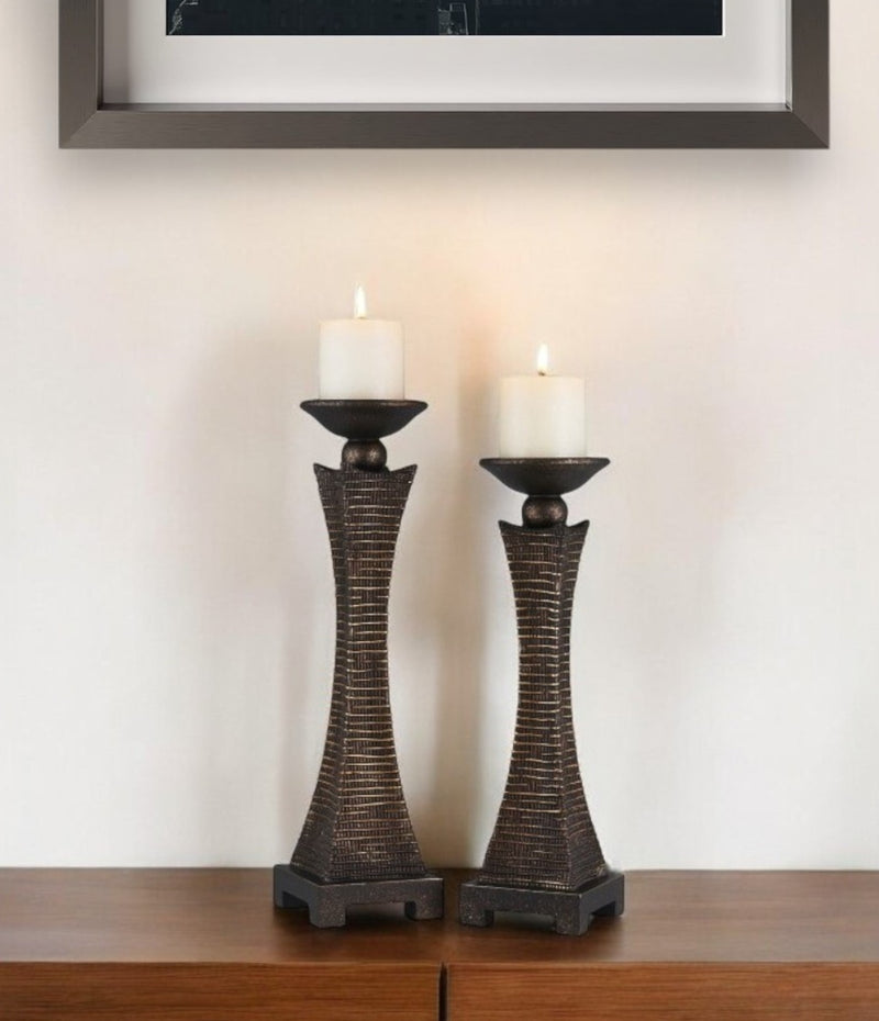 Set of Two Bronze Polyresin Woven Tabletop Pillar Candle Holders With Candle By Homeroots | Candle Holders | Modishstore - 1