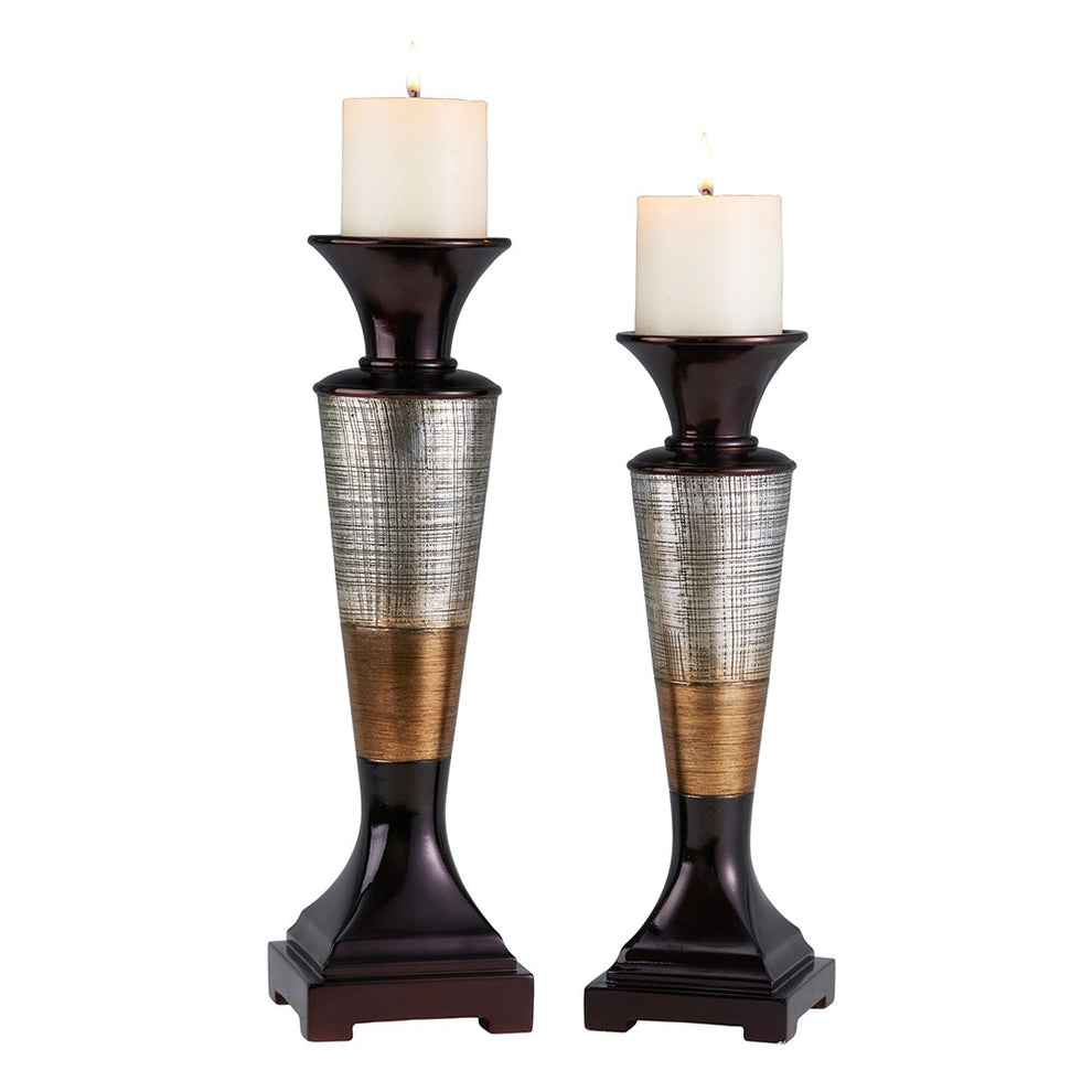 Set of Two Espresso Silver and Gold Polyresin Striped Centerpiece Pillar Candle Holders With Candle By Homeroots | Candle Holders | Modishstore - 2