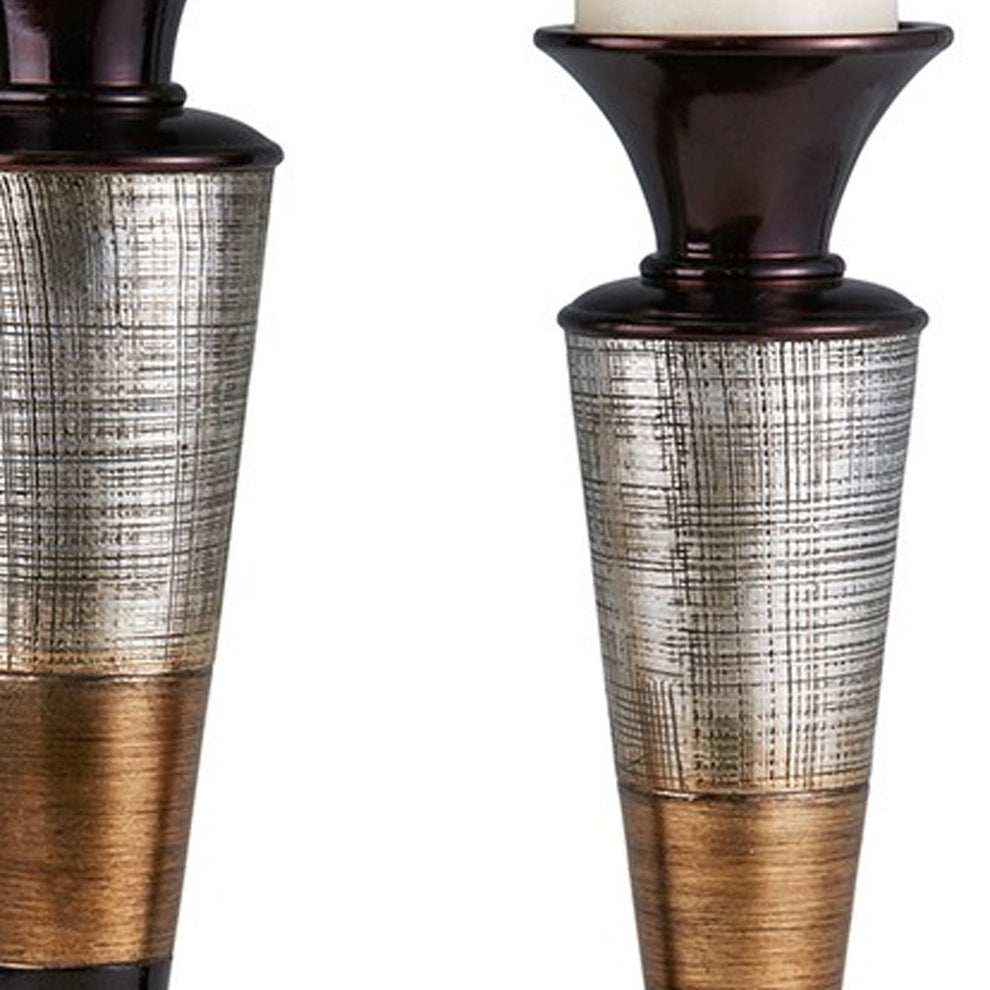 Set of Two Espresso Silver and Gold Polyresin Striped Centerpiece Pillar Candle Holders With Candle By Homeroots | Candle Holders | Modishstore - 3