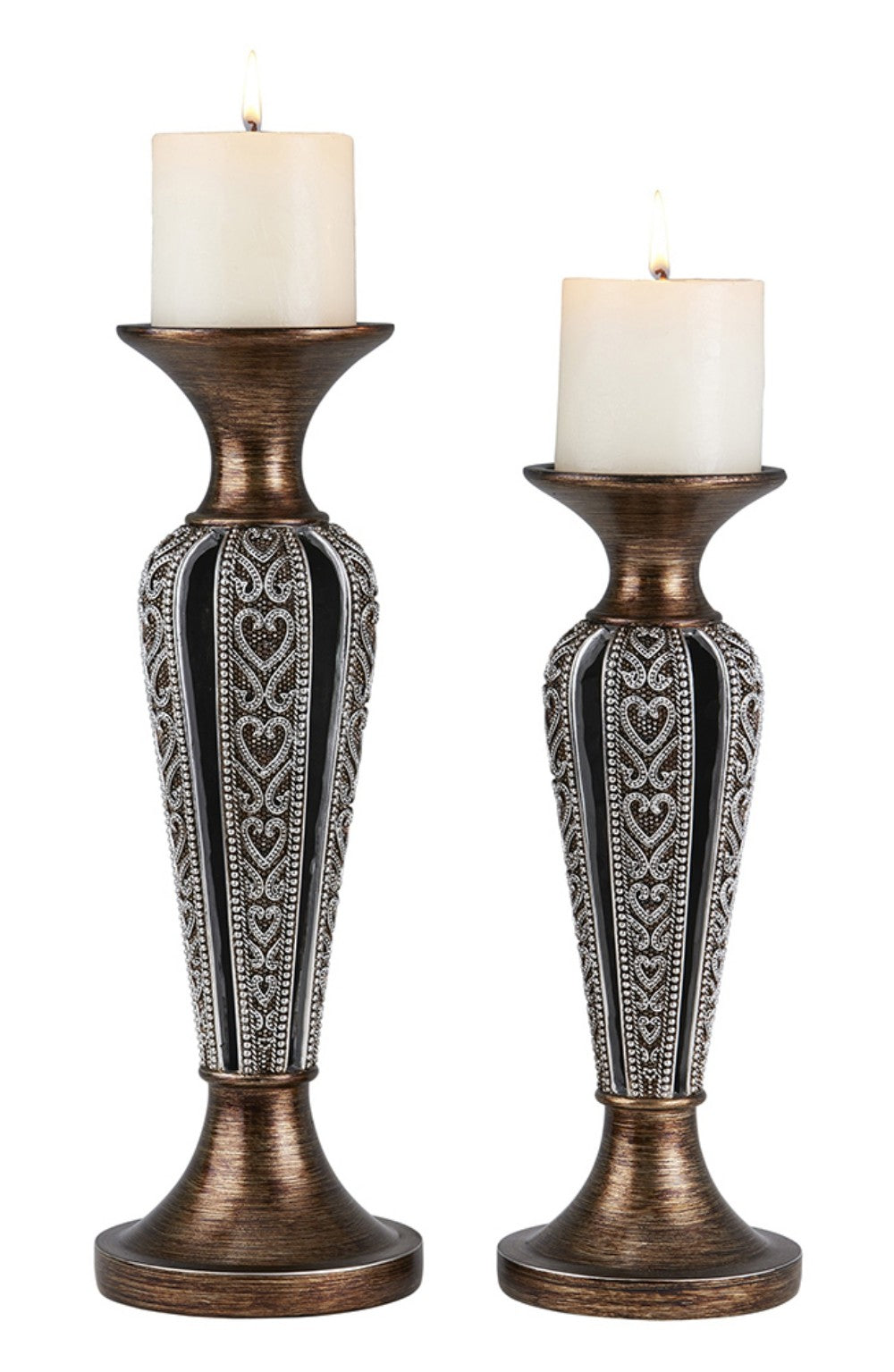 Set of Two Bronze and Silver Polyresin Hearts Centerpiece Pillar Candle Holders With Candle By Homeroots | Candle Holders | Modishstore - 2