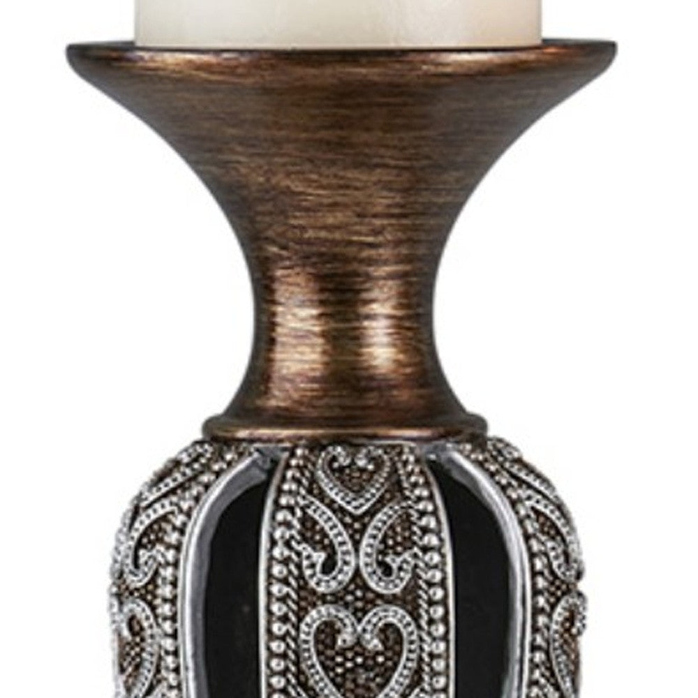 Set of Two Bronze and Silver Polyresin Hearts Centerpiece Pillar Candle Holders With Candle By Homeroots | Candle Holders | Modishstore - 4