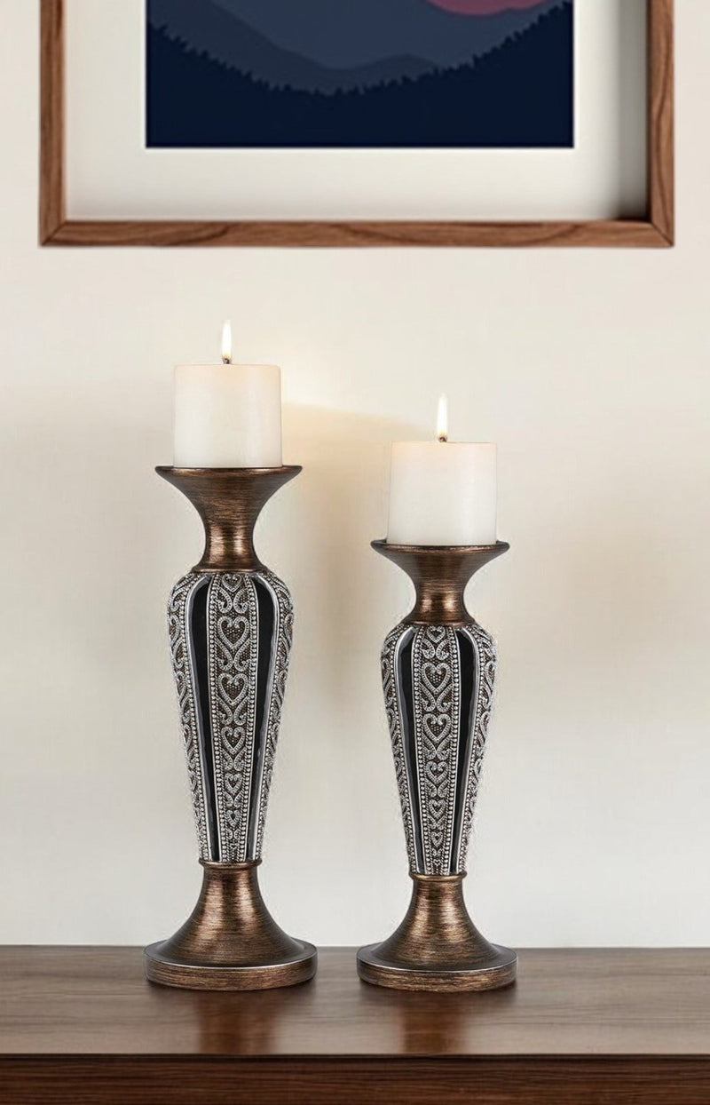 Set of Two Bronze and Silver Polyresin Hearts Centerpiece Pillar Candle Holders With Candle By Homeroots | Candle Holders | Modishstore - 1