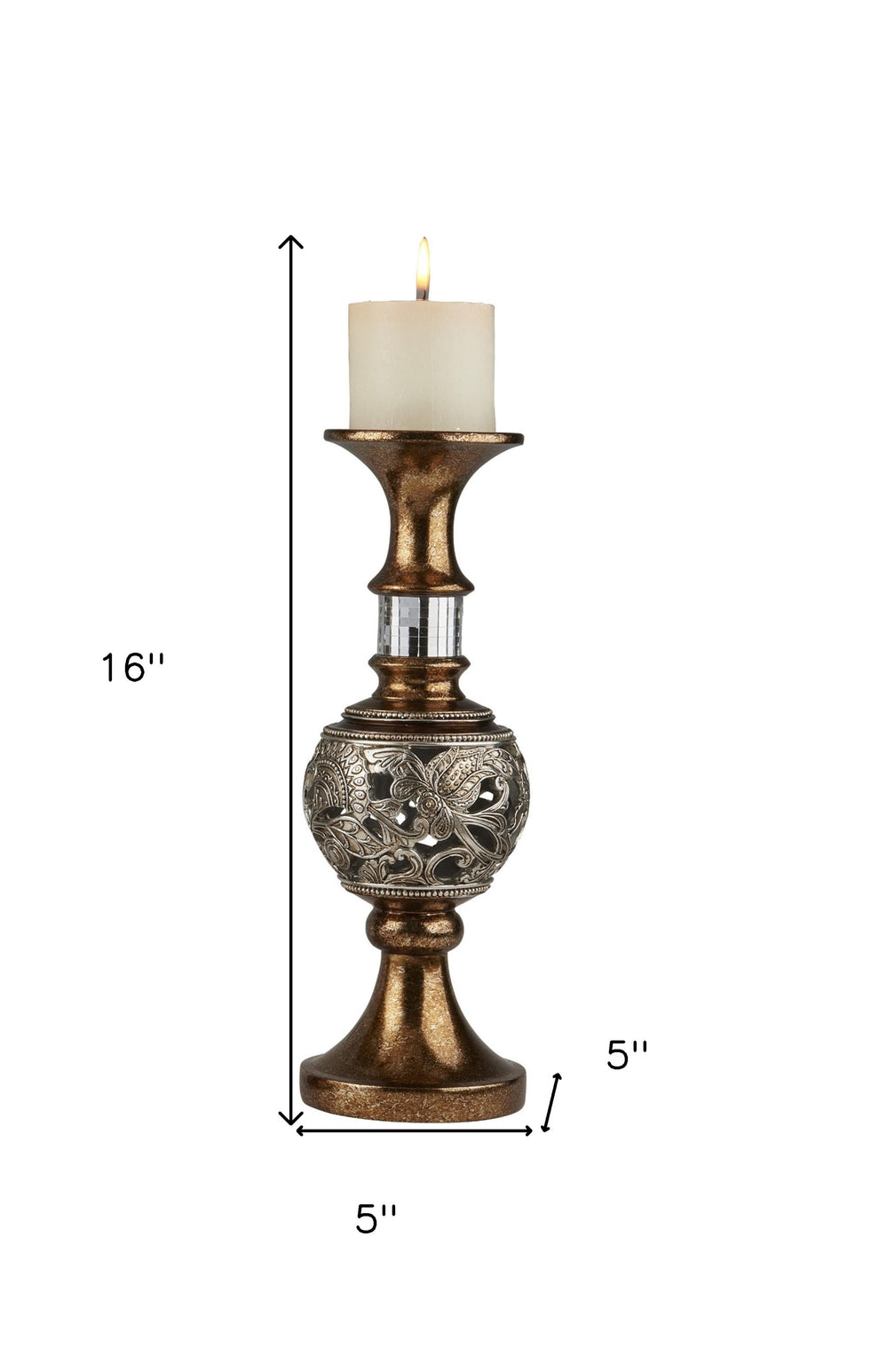 Set of Two Gold and Silver Polyresin Filigree Centerpiece Pillar Candle Holders With Candle By Homeroots | Candle Holders | Modishstore - 8