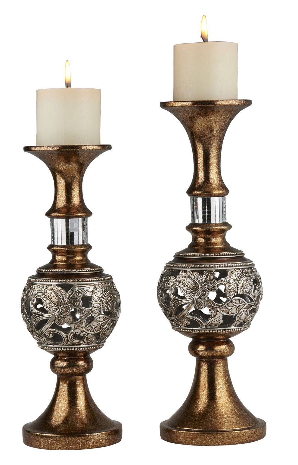 Set of Two Gold and Silver Polyresin Filigree Centerpiece Pillar Candle Holders With Candle By Homeroots | Candle Holders | Modishstore - 6