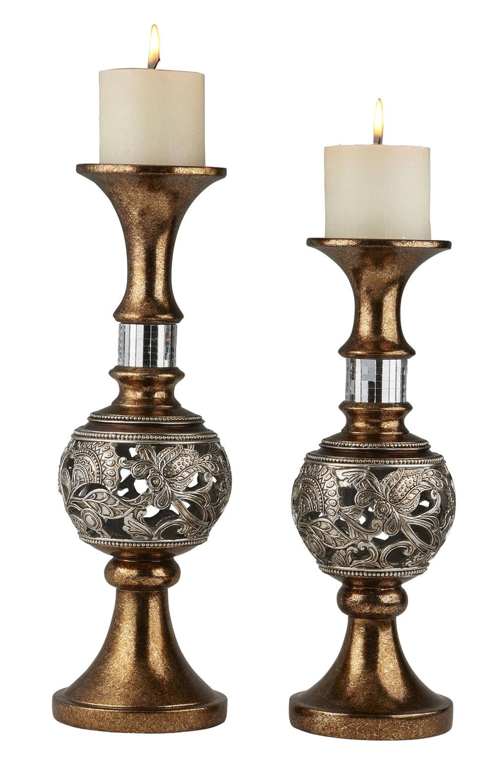 Set of Two Gold and Silver Polyresin Filigree Centerpiece Pillar Candle Holders With Candle By Homeroots | Candle Holders | Modishstore - 2