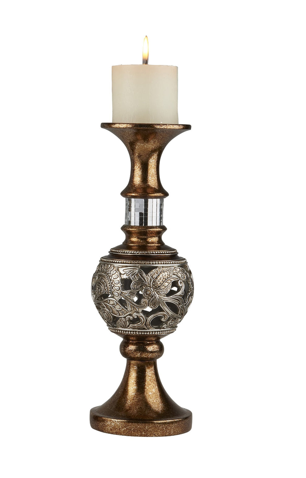 Set of Two Gold and Silver Polyresin Filigree Centerpiece Pillar Candle Holders With Candle By Homeroots | Candle Holders | Modishstore - 3