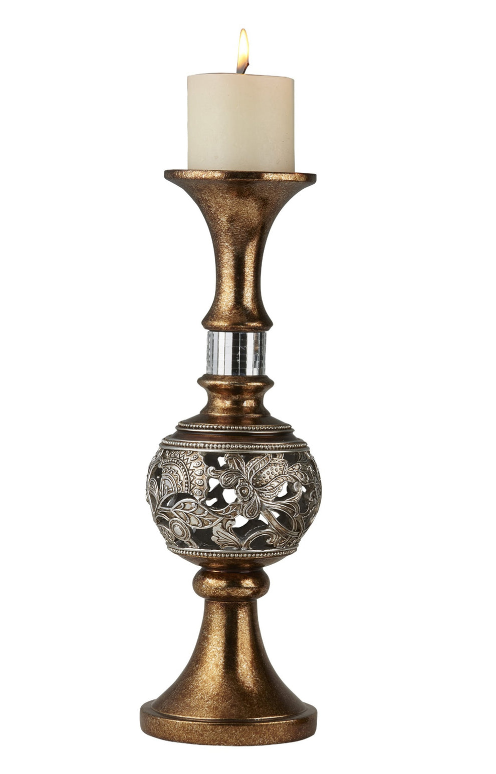 Set of Two Gold and Silver Polyresin Filigree Centerpiece Pillar Candle Holders With Candle By Homeroots | Candle Holders | Modishstore - 4