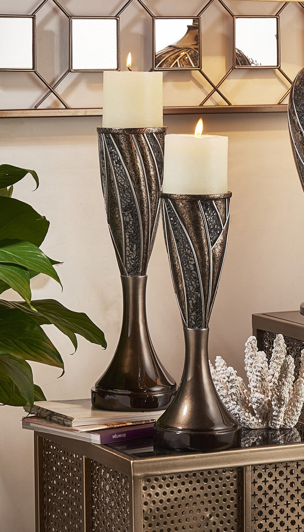 Set of Two Black Silver and Bronze Polyresin Abstract Centerpiece Pillar Candle Holders With Candle By Homeroots | Candle Holders | Modishstore - 8