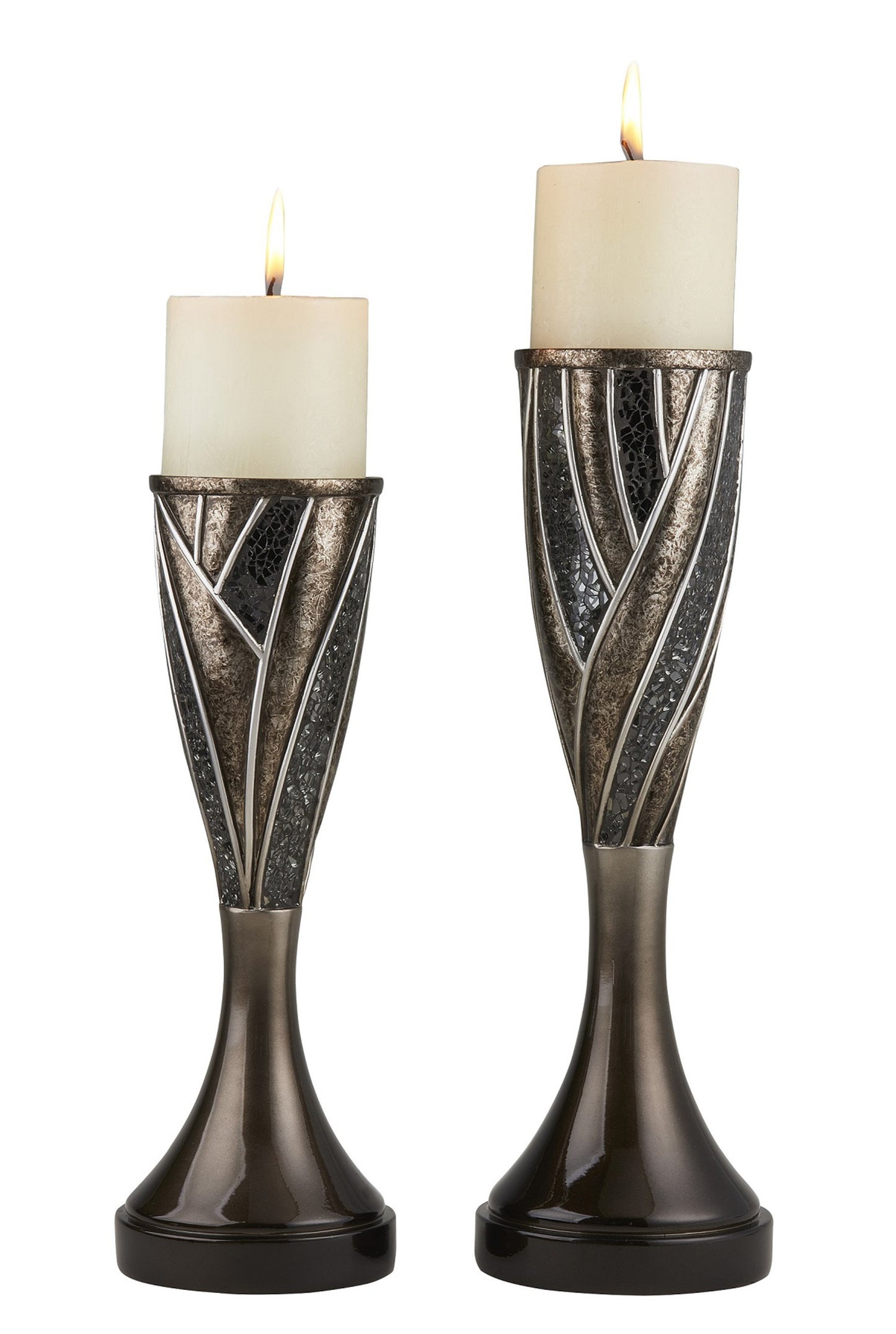 Set of Two Black Silver and Bronze Polyresin Abstract Centerpiece Pillar Candle Holders With Candle By Homeroots | Candle Holders | Modishstore - 3