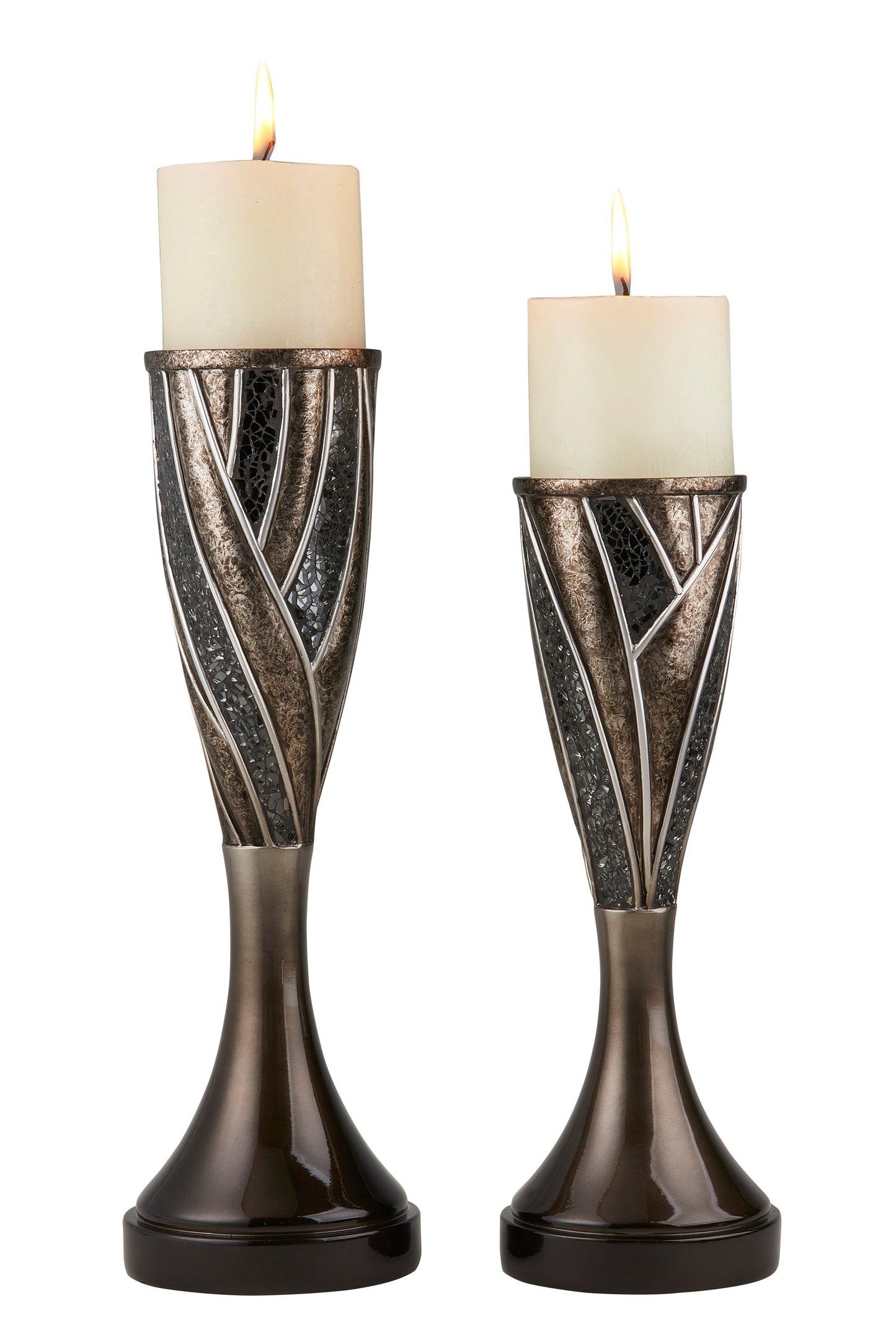 Set of Two Black Silver and Bronze Polyresin Abstract Centerpiece Pillar Candle Holders With Candle By Homeroots | Candle Holders | Modishstore - 4