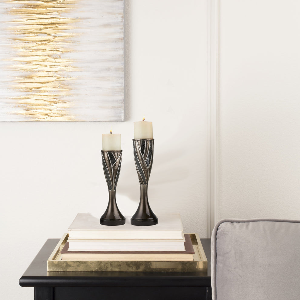 Set of Two Black Silver and Bronze Polyresin Abstract Centerpiece Pillar Candle Holders With Candle By Homeroots | Candle Holders | Modishstore - 7